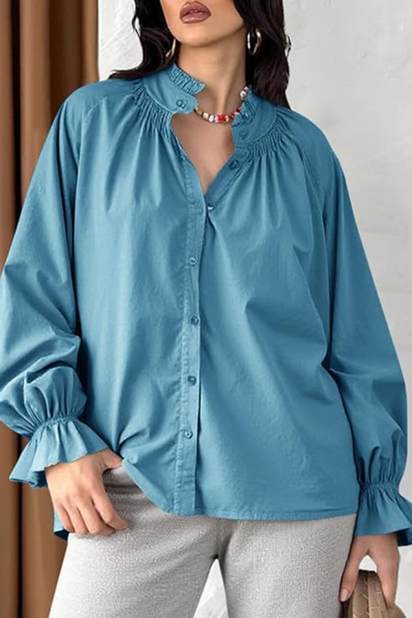 Solid Color V-neck Ruffled Lantern Sleeve Loose Casual Shirt