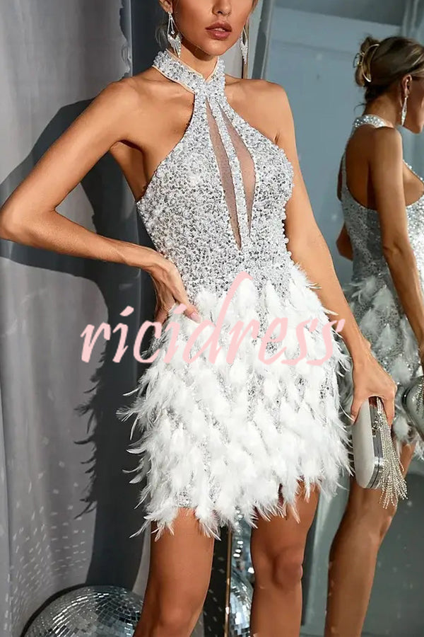 Stylish Sequined Sleeveless Feather-embellished Slim-fit Mini Dress