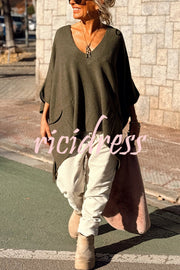 Fashion V-neck Loose Pocket Mid-length Knitted Sweater