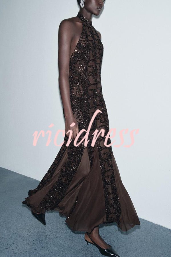 Twilight Gleam Sequin Textured Tulle Hem Halter Backless Maxi Dress