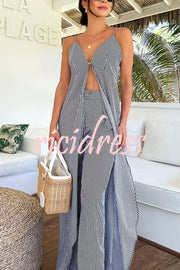 Striped Print Sleeveless Long Casual Top and Loose Straight Pants Set