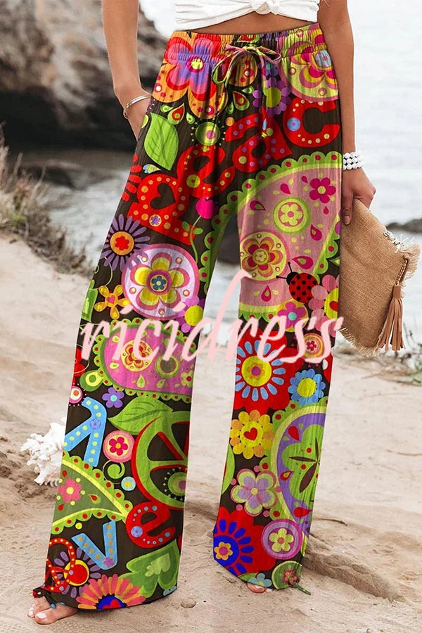 Colorful Printed Elastic Waist Drawstring Pocket Casual Pants