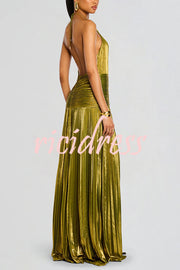 Metallic Halterneck Backless Pleated Waisted High-slit Maxi Dress