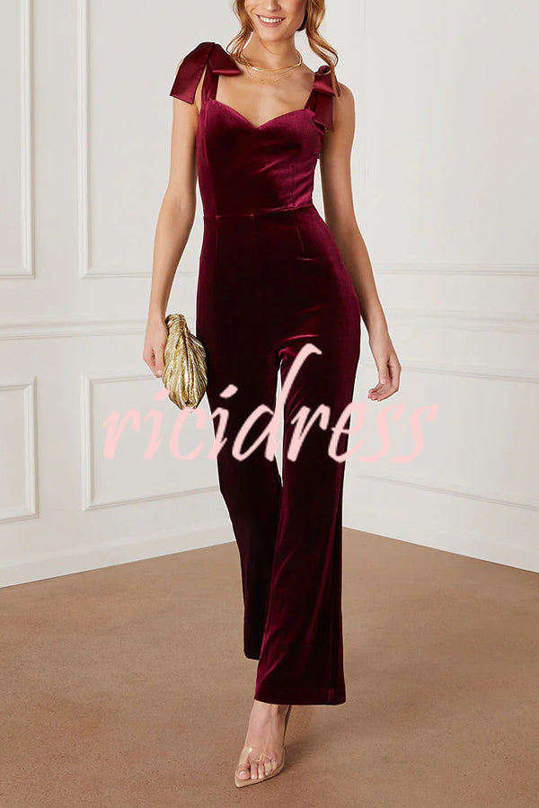 Merlot Sippin' Velvet Shoulder Tie Flare Stretch Jumpsuit