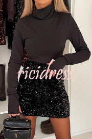 Polished Uptown Velvet Sequin High Rise Elastic Waist Mini Skirt