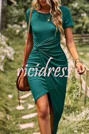 Round Neck Knitted Patchwork Short Sleeved Midi Dress
