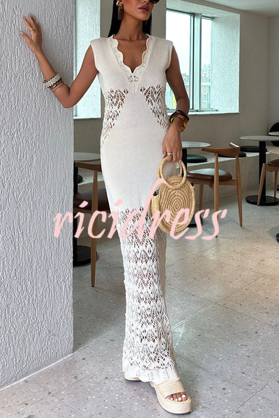 Solid Color Hollow Knitted V-neck Slim Fishtail Maxi Dress