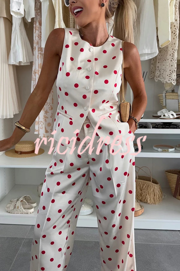 Koreen Polka Dot Round Neck Button Vest and High Rise Pocket Straight Pants Set
