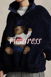 American Retro Polo Bear Pattern Stand Button Neck Long Sleeve Fleece Pullover