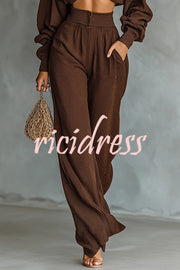 Solid Color Textured Fabric Round Neck Long-sleeved Top + High Waist Casual Pocket Wide-leg Pants Set
