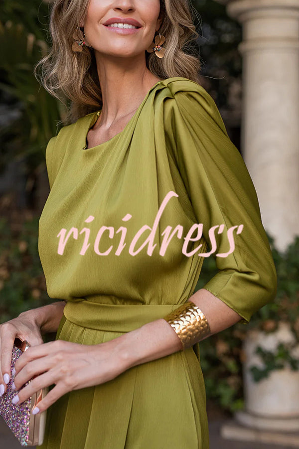 Satin Solid Color Round Neck Half Sleeve Waist Midi Dress