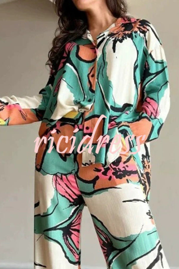 Unique Graffiti Print Casual Long Sleeve Shirt and Elastic Waist Pocket Straight Pants Set