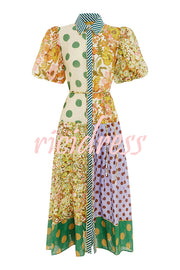 Linen Blend Unique Print Lapel Puff Sleeve Casual Midi Dress