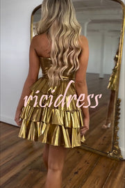 Like A Princess Metallic Fabric Off Shoulder Layered Rusffles Mini Dress