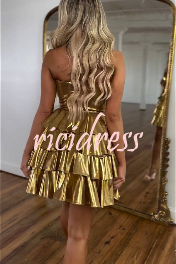 Like A Princess Metallic Fabric Off Shoulder Layered Rusffles Mini Dress