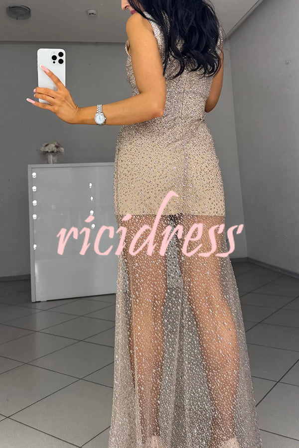 Olivia See-through Mesh Sequin Fabric Warp V-neck Party Maxi Dress