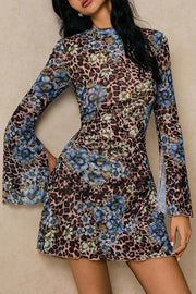 Floral Leopard Print Flared Long-sleeved Slim-fit Mini Dress