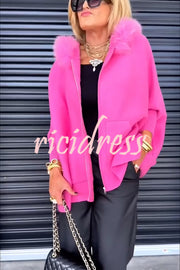 Warm Call Knit Long Sleeve Zipper Plush Hooded Pocket Loose Cardigan