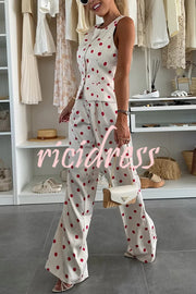 Koreen Polka Dot Round Neck Button Vest and High Rise Pocket Straight Pants Set