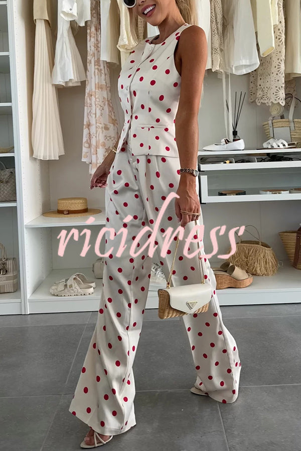 Koreen Polka Dot Round Neck Button Vest and High Rise Pocket Straight Pants Set