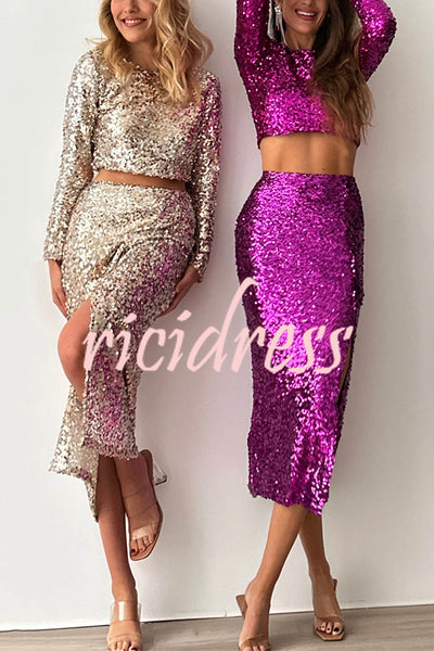 Solid Sequined Long-sleeved Crop Top and Sexy Slit Midi Skirt Set