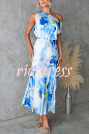 Satin Unique Print One Shoulder Tie Waist Slit Maxi Dress