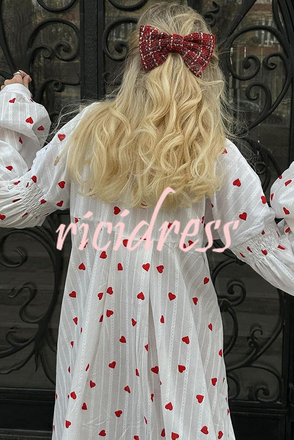 Cute Heart Print Puff Sleeve Loose Shirt Style Maxi Dress