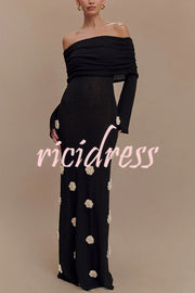 Timeless Sophistication Knit Off Shoulder Rose Detail Stretch Maxi Dress