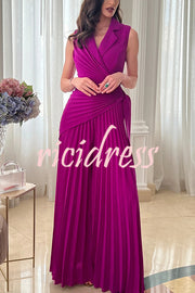 Solid Color Lapel Sleeveless Waist Tie Pleated Wide-leg Jumpsuit