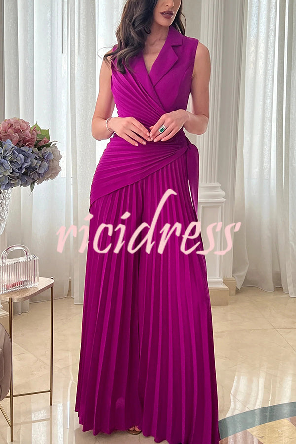 Solid Color Lapel Sleeveless Waist Tie Pleated Wide-leg Jumpsuit