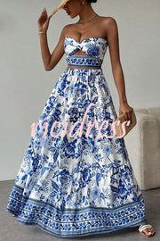 Floral Print Cutout Bandeau Top and Elastic Waist Full Maxi Skirt Set