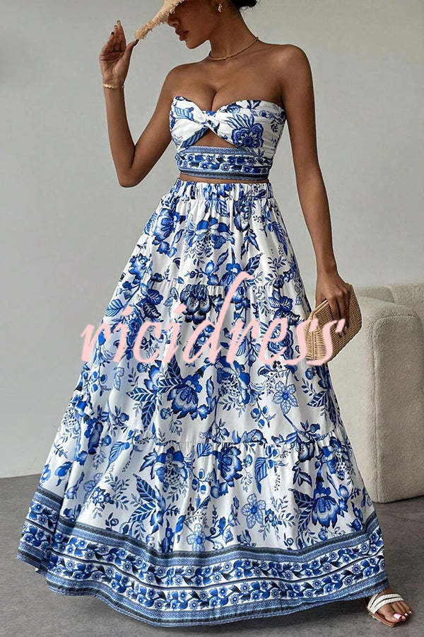 Floral Print Cutout Bandeau Top and Elastic Waist Full Maxi Skirt Set