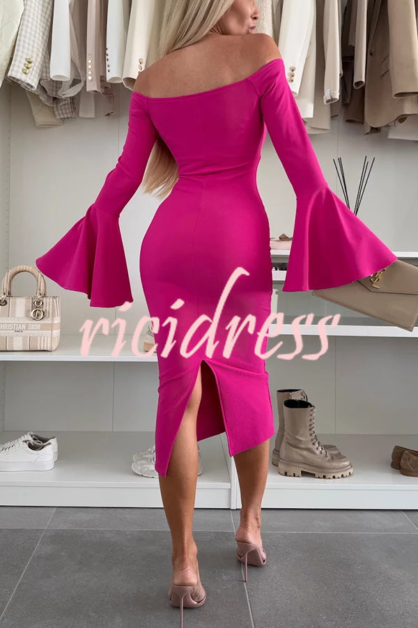 Solid Color Sexy Off-shoulder Trumpet Sleeve Slim Midi Dress