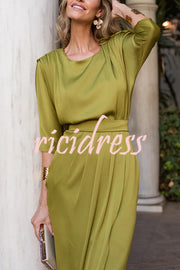Satin Solid Color Round Neck Half Sleeve Waist Midi Dress