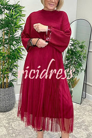 Fenna Ribbed Sequin Trim Batwing Sleeve Sweater and Pleated Tulle Stretch Tank Midi Dress Two-piece Set