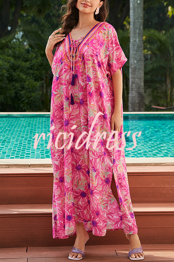 Floral Print V-Neck Lace-Up Loose Holiday Cover-Up Maxi Dress