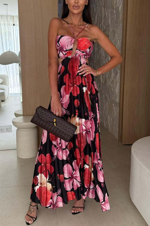 Casey Satin Floral Print Cutout Halter Back Tie-up Pleated Maxi Dress