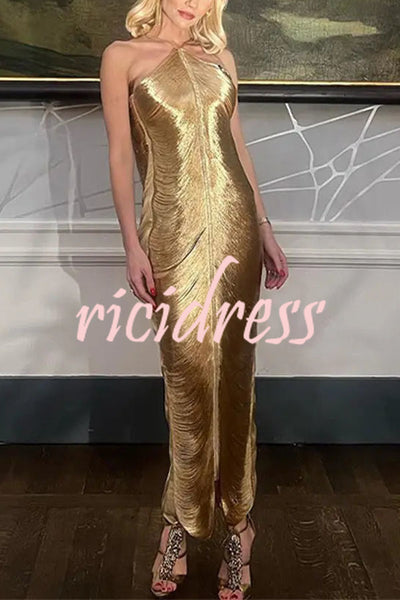 Sexy Allnight Metallic Halterneck Backless Fringed Slit Maxi Dress