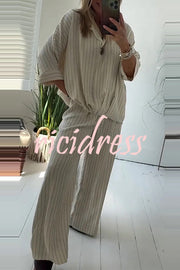 Fashion Striped Print Lapel Loose Top and Elastic Waist Casual Wide-leg Pants Set