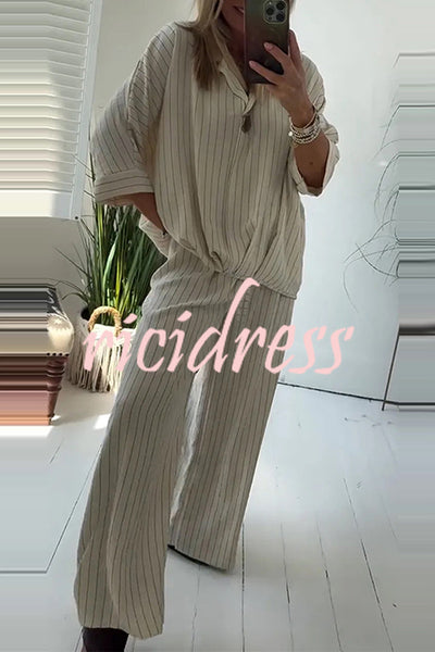 Fashion Striped Print Lapel Loose Top and Elastic Waist Casual Wide-leg Pants Set