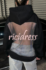 Fashionable Shiny Mesh Hollow Back Loose Long-sleeved Hooded Sweatshirt