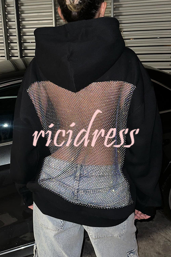Fashionable Shiny Mesh Hollow Back Loose Long-sleeved Hooded Sweatshirt
