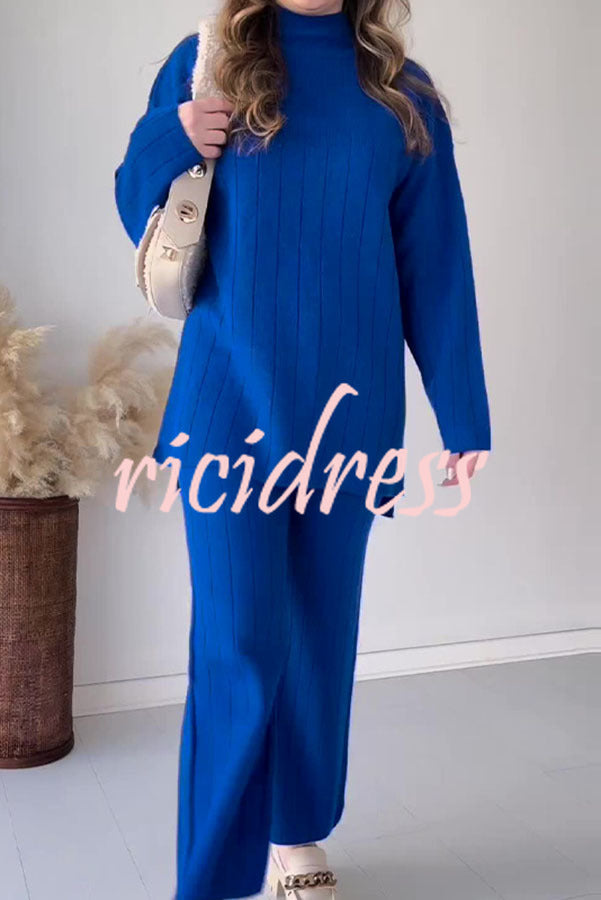 Solid Color Round Neck Long Sleeved Sweater and Elastic Waist Pants Two Piece Set