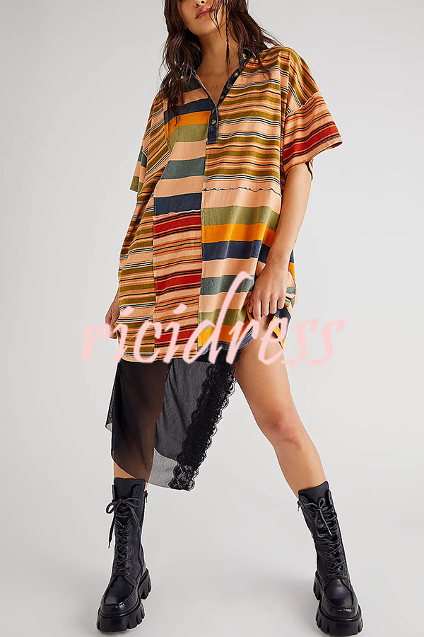 Contrast Striped Patchwork Denim Lapel Loose Casual Mini Dress