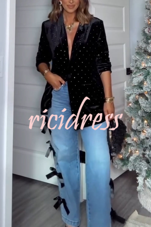 Runway Muse Embellished Velvet Long Sleeve Pocketed Lapel Blazer