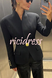 Classic Luxury Unique Metal Button Stand Collar Long Sleeve Blazer