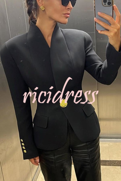 Classic Luxury Unique Metal Button Stand Collar Long Sleeve Blazer