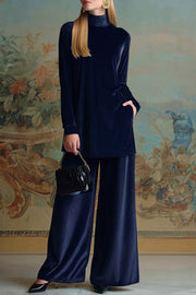 Solid Color Velvet Turtleneck Long-sleeved Loose Top and Elastic Waist Pocket Casual Wide-leg Pants Set
