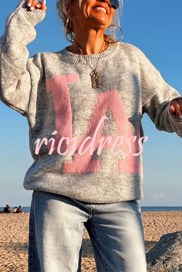 Letter Pattern Crew Neck Long Sleeve Loose Knit Sweater