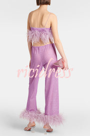 Music Carnival Glitter Stretch Fabric Feather Trim Tank and Elastic Waisted Flared Pants Set